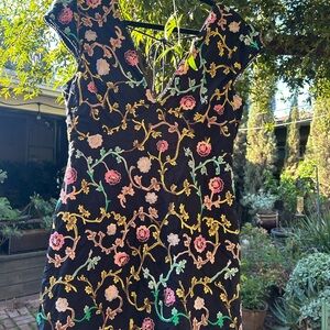 Anthropologie Black Mini Dress with Multicolor Floral Embroidery